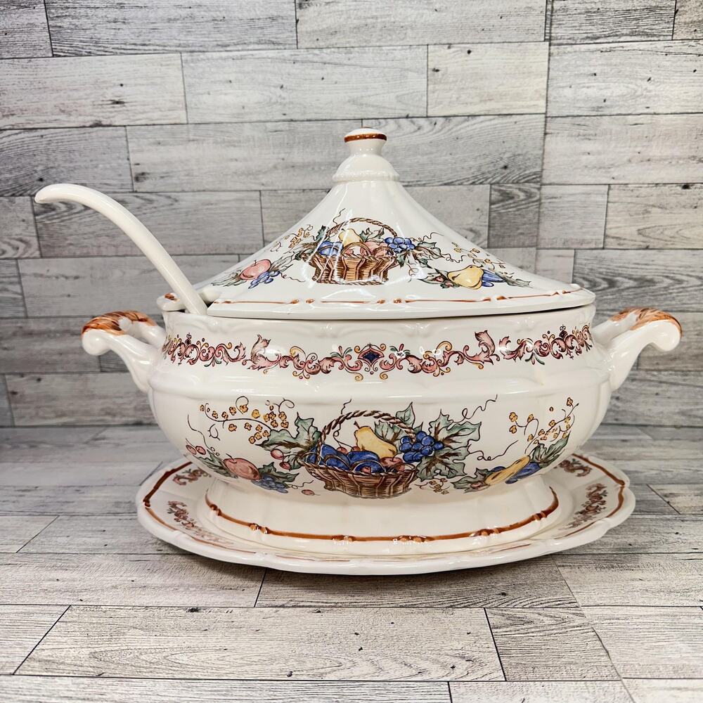 Japanese Ceramic Soup Tureen Party Bowl Set W Lid Ladle Underplate Fruit Harvest